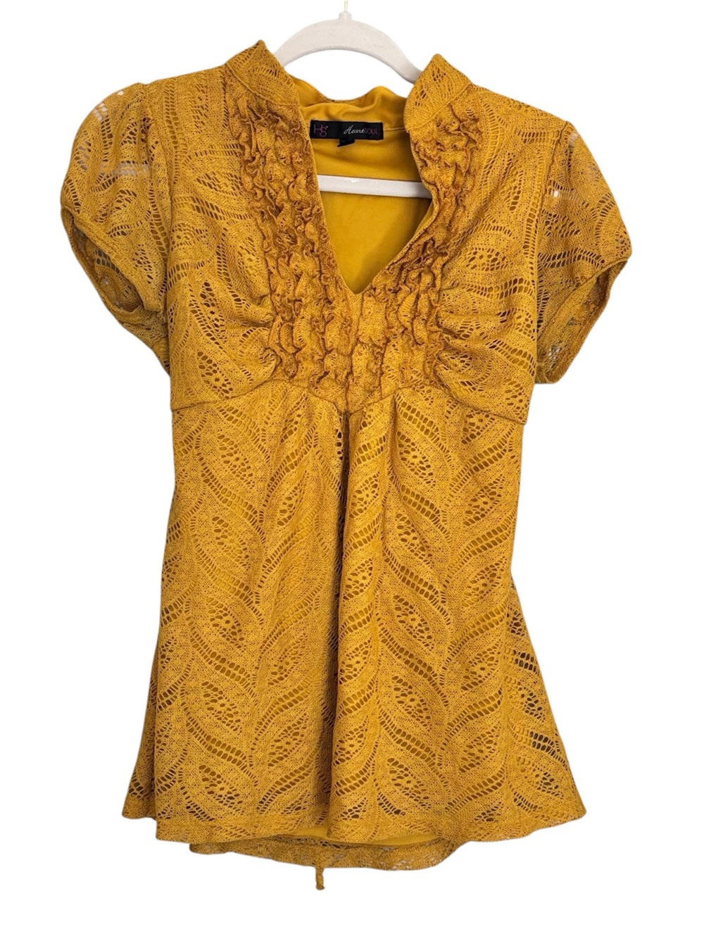 Heart Soul Mustard Yellow Lace Short Sleeve Blouse